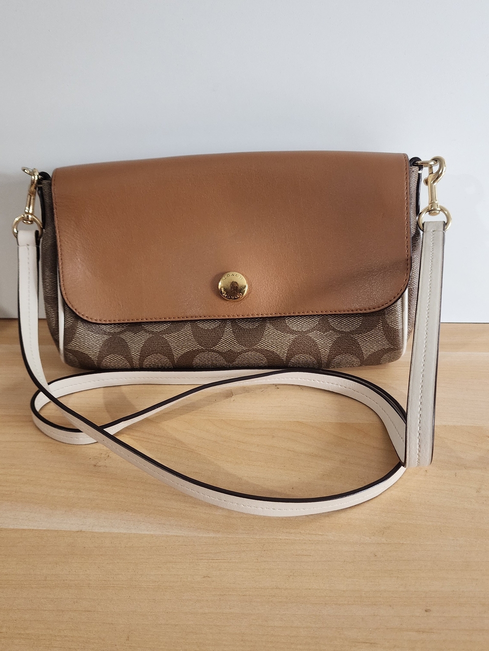 Coach Tan/Brown and Beige Crossbody Bag with Signature Canvas